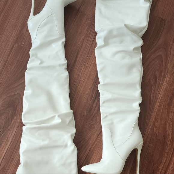 White Stiletto Thigh High Scrunch Boots - Picture 4 of 8